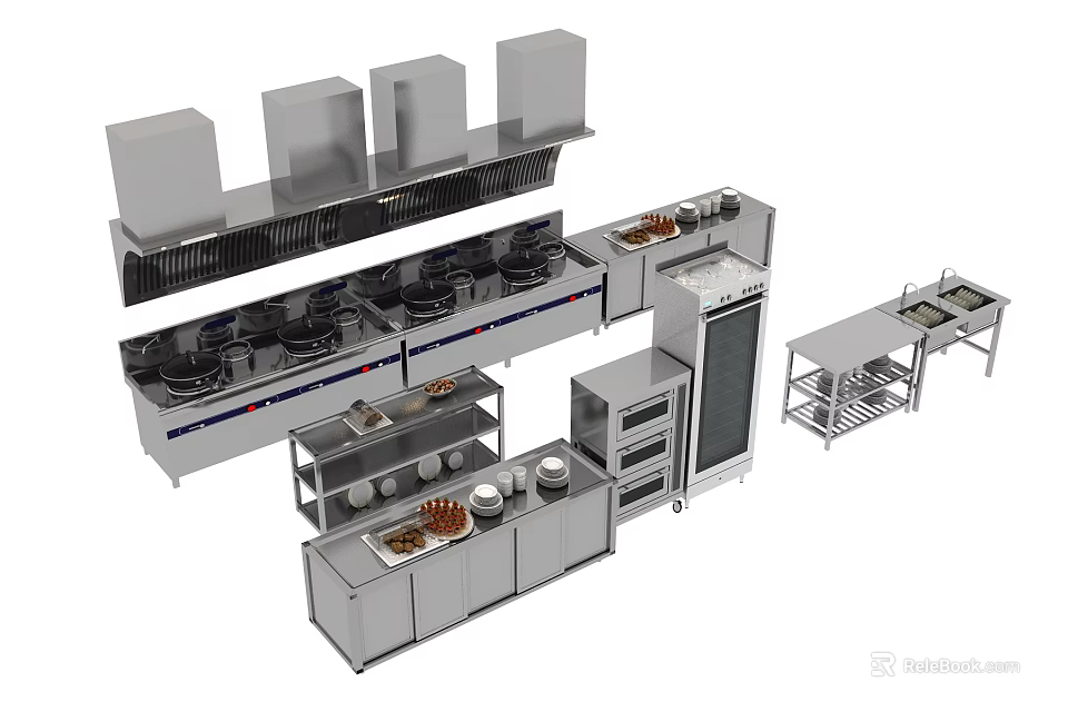 Commercial Kitchen Appliances With Stainless Steel Stoves Hoods Ovens And Shelves 3d model 