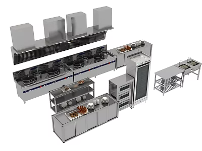Commercial Kitchen Appliances With Stainless Steel Stoves Hoods Ovens And Shelves 3d model