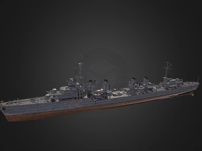 Detailed Warship 3D Model With Large Gray Hull Red Waterline And Turrets 3d model