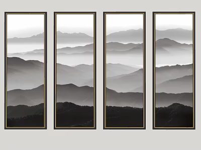 Four Black And White Ink Wash Landscape Paintings With Layered Mountains And Misty Clouds 3d model