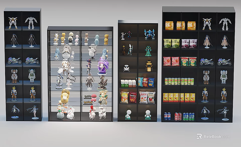 Organized Glass Door Display Shelves With Toys Action Figures And Packaged Goods In Retail Store 3d model 