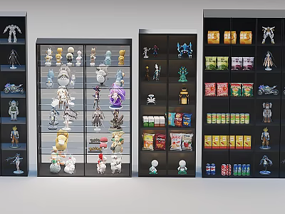 Organized Glass Door Display Shelves With Toys Action Figures And Packaged Goods In Retail Store 3d model