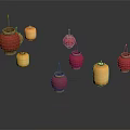 Traditional Decorative Furniture With Red And Yellow Hanging Lanterns For Home