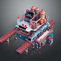 Multi Level Industrial Building with Towers Platforms Tracks and Colorful Details