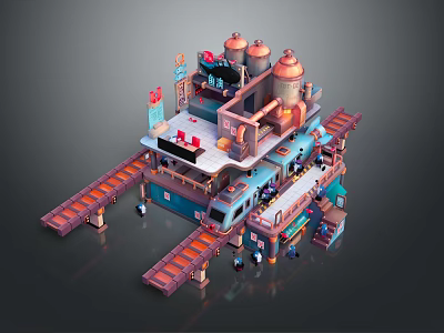 Multi Level Industrial Building with Towers Platforms Tracks and Colorful Details 3d model