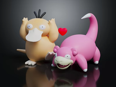 Cute Yellow And Pink Plush Toys With Red Heart Decoration 3d model