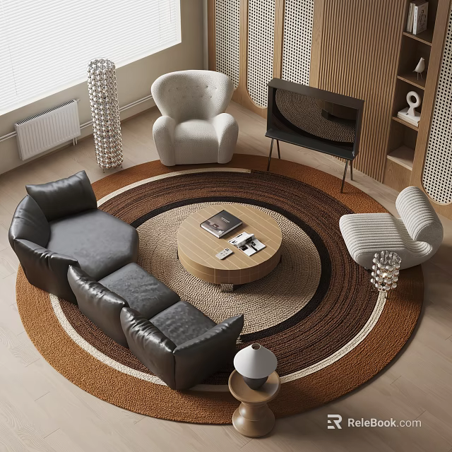 Black Curved Leather Sofa and Round Wooden Coffee Table with Magazines on Top 3d model 