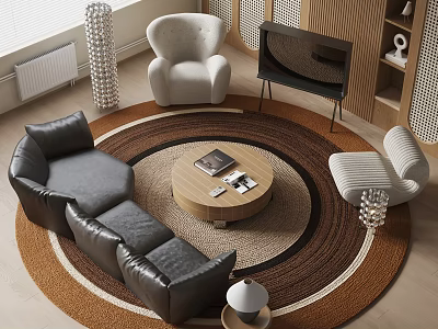 Black Curved Leather Sofa and Round Wooden Coffee Table with Magazines on Top 3d model