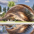 Curved Wooden Pergola with Wavy Design Green Plants and Outdoor Seating Area