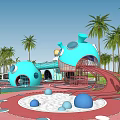 Outdoor Children's Playground With Blue Cartoon Structures Slides Palm Trees Pink Ground And Green Lawn
