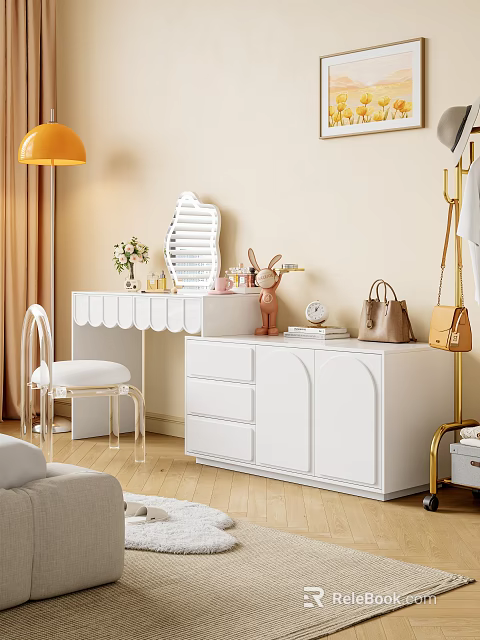 Modern White Dressing Table with Decorative Mirror Cosmetics Rabbit Figurine Fresh Flowers and White Chair 3d model 