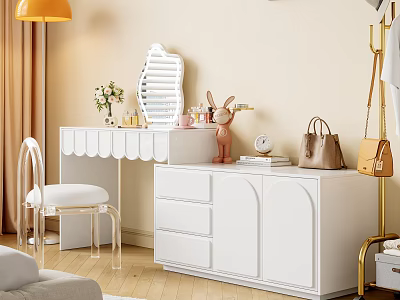 Modern White Dressing Table with Decorative Mirror Cosmetics Rabbit Figurine Fresh Flowers and White Chair 3d model