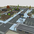Cartoon Town Scene With Colorful Buildings Streets Street Lamps And Bus Stop