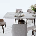 Modern Marble Dining Table Set With Gray Chairs And Floral Vase Tableware 3d model