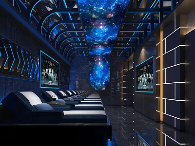 Modern SPA Sauna Interior Design with Starry Ceiling Blue Lighting and Loungers 3d model