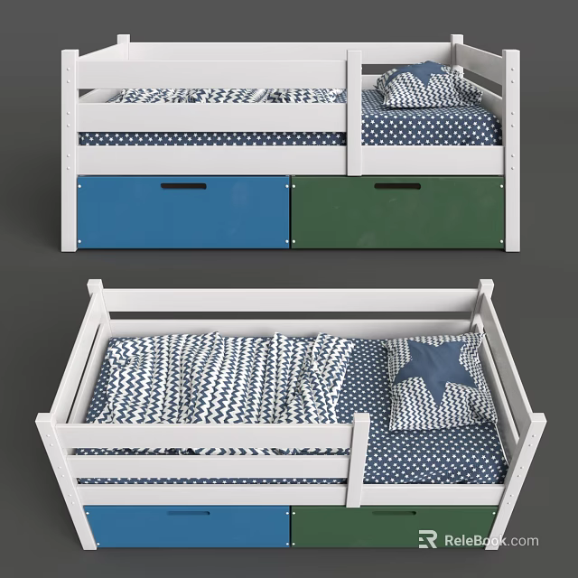 White Frame Kids Bed With Blue Green Storage Drawers And Star Striped Bedding 3d model 