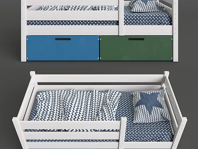 White Frame Kids Bed With Blue Green Storage Drawers And Star Striped Bedding 3d model