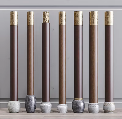 Multiple Decorative Columns Featuring Gold Accent Tops And Dark Brown Body Base Designs 3d model