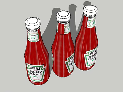 Three Heinz Ketchup Condiment Bottles with Classic Labels on Gray Background 3d model