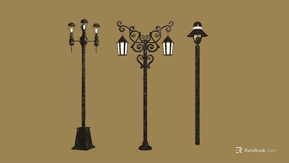 Vintage Outdoor Lamp Post Furniture Featuring Various Ornate Iron And Glass Lantern Designs 3d model 