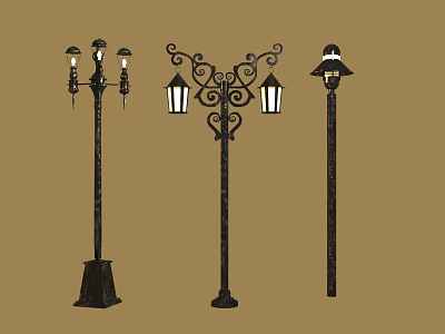 Vintage Outdoor Lamp Post Furniture Featuring Various Ornate Iron And Glass Lantern Designs 3d model