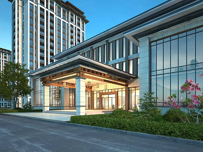 Modern Hotel Building With Grand Entrance Glass Curtain Walls And Landscaped Greenery 3d model