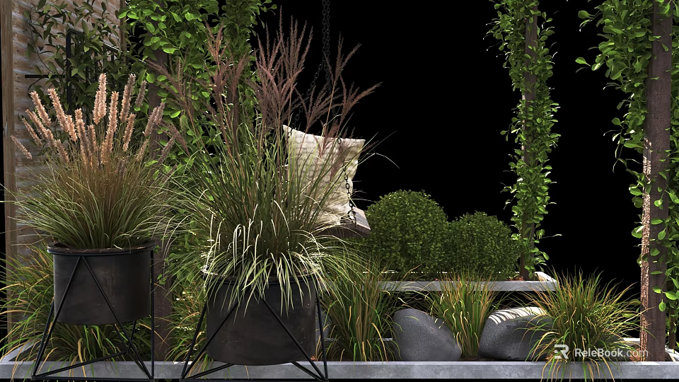 Bonsai Potted Plants In Modern Metal Planters With Lush Greenery And Stones 3d model 
