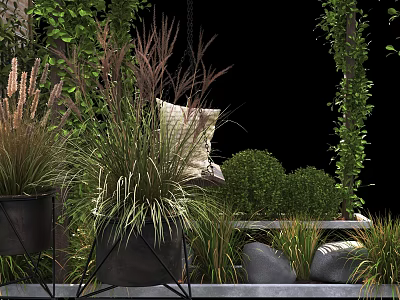 Bonsai Potted Plants In Modern Metal Planters With Lush Greenery And Stones 3d model