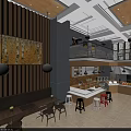 Coffee Shop Interior With Wooden Tables Chairs Pendant Lights And Green Decorative Plants