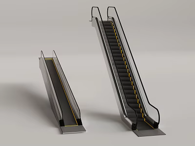 Modern Escalators with Metal Handrails Black Steps and Yellow Safety Lines 3d model