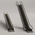 Modern Escalators with Metal Handrails Black Steps and Yellow Safety Lines