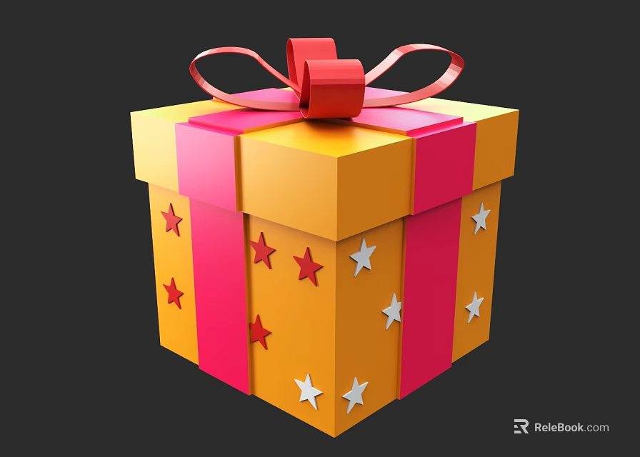 Festive Yellow Gift Box With Pink Ribbon Bow And Colorful Stars Design 3d model 
