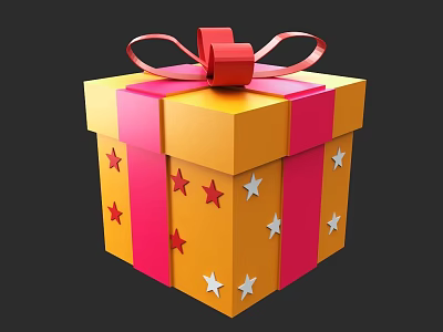 Festive Yellow Gift Box With Pink Ribbon Bow And Colorful Stars Design 3d model