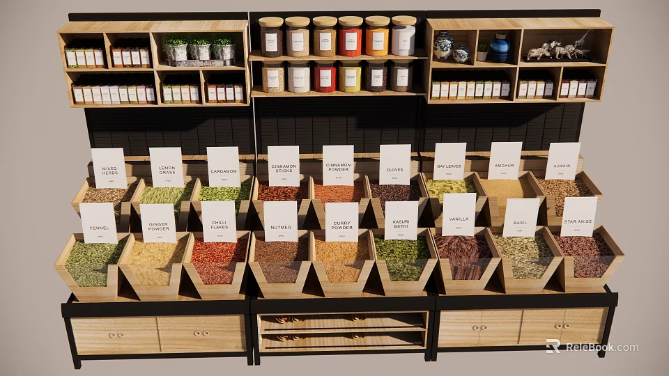 Organic Food Display with Grains Legumes in Labeled Wooden Bins and Jars on Shelves 3d model 