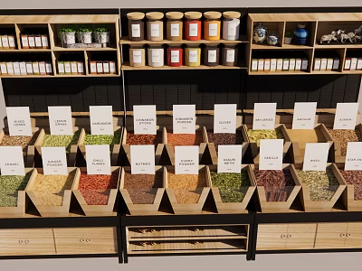 Organic Food Display with Grains Legumes in Labeled Wooden Bins and Jars on Shelves 3d model