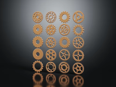 Hardware Tools Displaying Golden Gears Arranged in Rectangle on Dark Background with Reflections 3d model