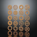 Hardware Tools Displaying Golden Gears Arranged in Rectangle on Dark Background with Reflections 3d model