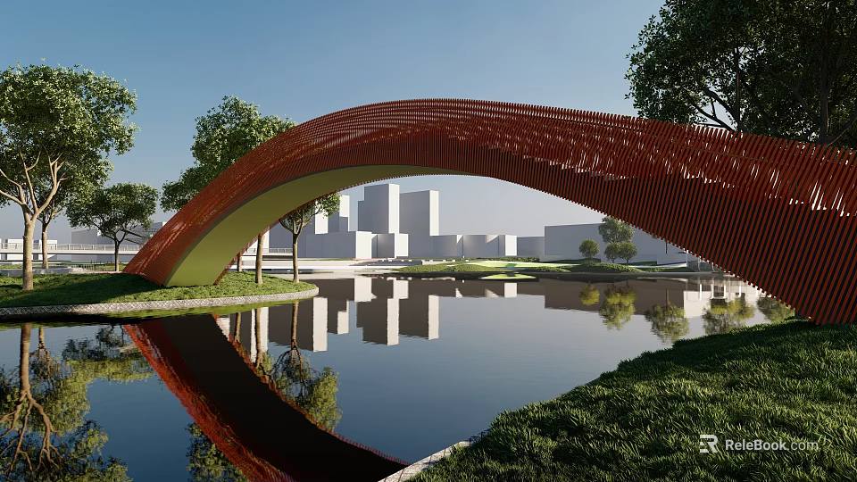 Red Arched Landscape Bridge With Water Reflection Green Grass Trees And Distant Buildings 3d model 