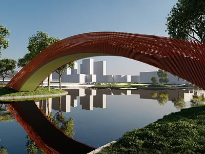 Red Arched Landscape Bridge With Water Reflection Green Grass Trees And Distant Buildings 3d model