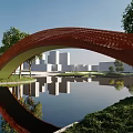 Red Arched Landscape Bridge With Water Reflection Green Grass Trees And Distant Buildings 3d model