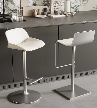 Modern White Bar Stools With Metal Frame In Dark Gray Kitchen Cabinet Area 3d model