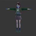 Anime School Girl Standing with Outstretched Arms in Blue Blazer Plaid Skirt on Grey Background