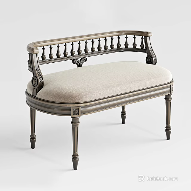 Classic Sofa Bench With Carved Metal Frame And Light Colored Upholstery 3d model 