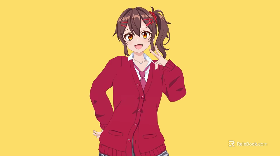 Young Woman In Red Cardigan With Ponytail Hairstyle Against Yellow Background 3d model 