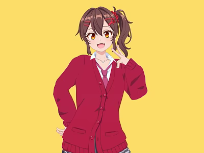 Young Woman In Red Cardigan With Ponytail Hairstyle Against Yellow Background 3d model