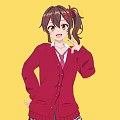 Young Woman In Red Cardigan With Ponytail Hairstyle Against Yellow Background