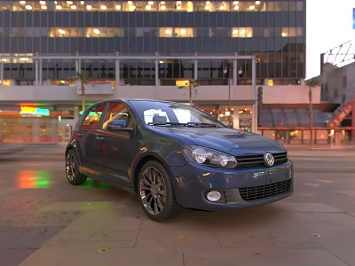 Blue Volkswagen Golf Car Parked On Urban Street With Tall Buildings And Lights 3d model