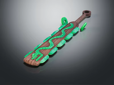 Wooden Weapon With Green Snake Pattern And Decorative Accents 3d model
