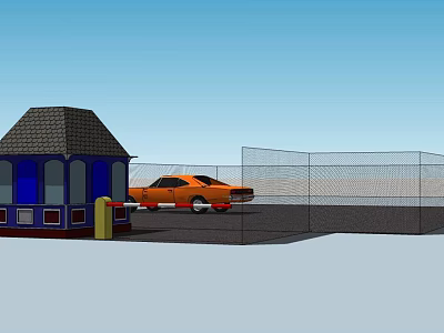 Scenic Outdoor View With Blue Cabin Orange Car Chain Link Fence And Bright Blue Sky 3d model