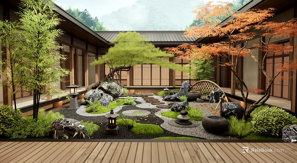 Traditional Japanese Courtyard Garden With Stone Lanterns Moss Maple Tree And Wooden Deck 3d model 
